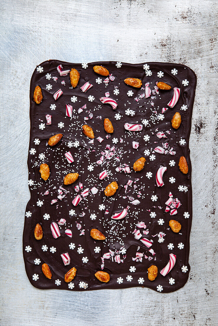 Dark chocolate with roasted almonds and candy canes
