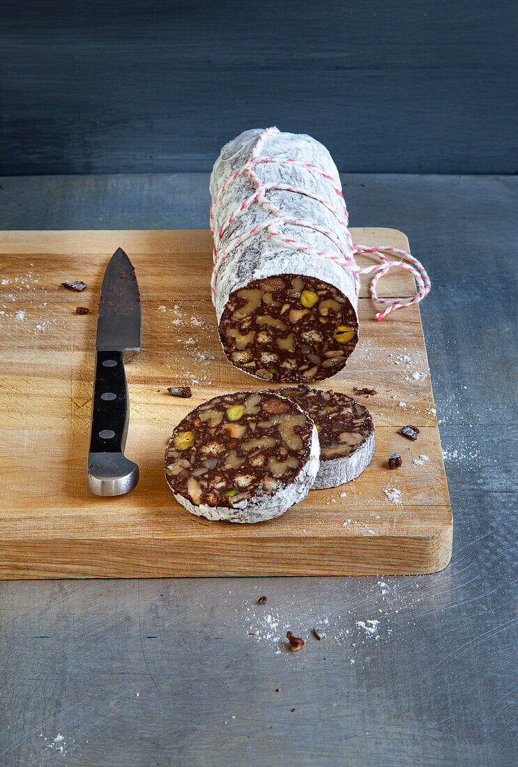 Chocolate sausage with nuts and pistachios