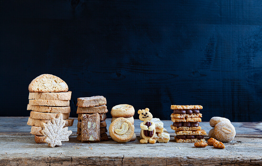 Various biscuits against a dark blue background