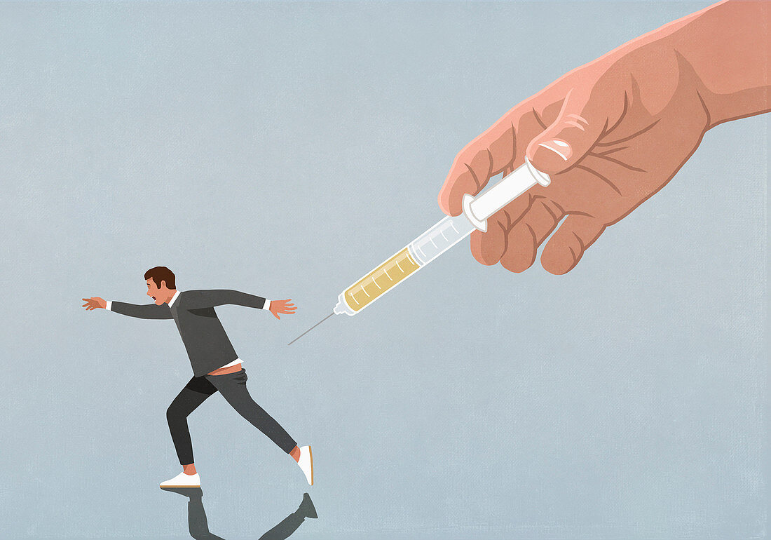 A large hand with vaccination syringe chasing a running man (illustration)