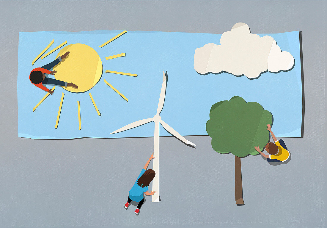 Kinder bei Anordnung von Klimasymbolen (Illustration)