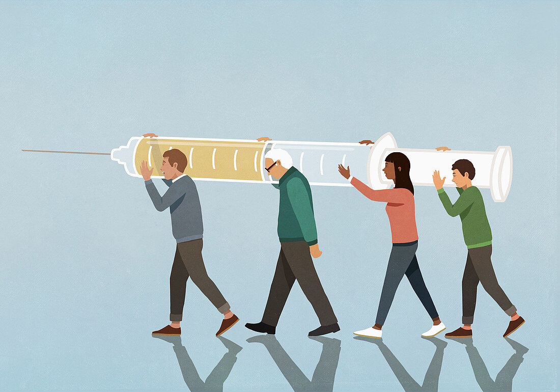Vier Menschen tragen große Impfspritze (Illustration)