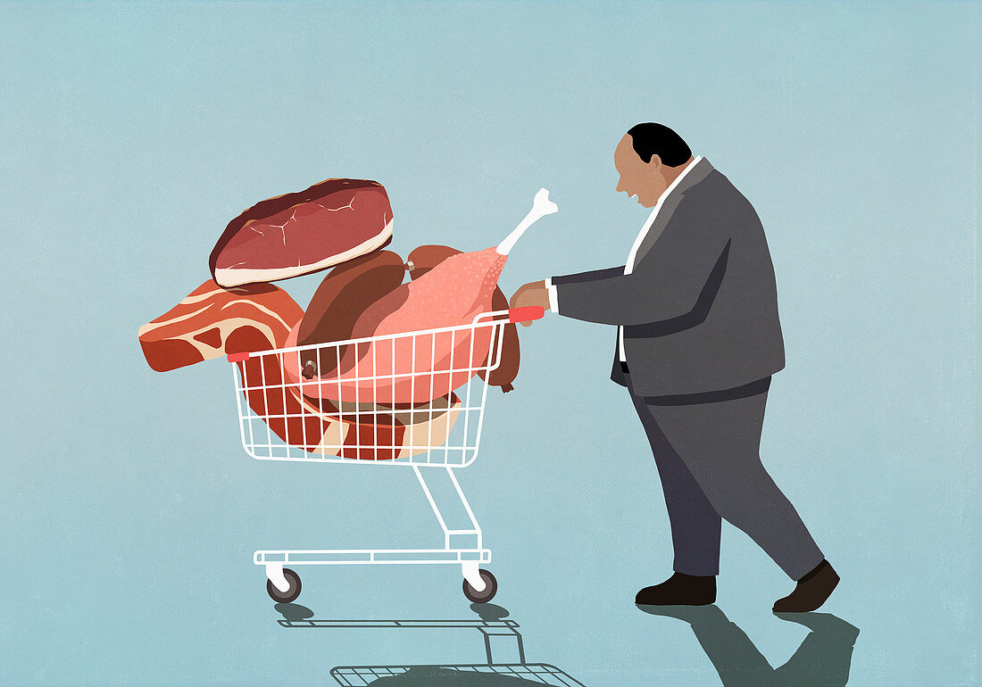 Übergewichtiger Geschäftsmann schiebt Einkaufswagen voll mit Fleisch (Illustration)