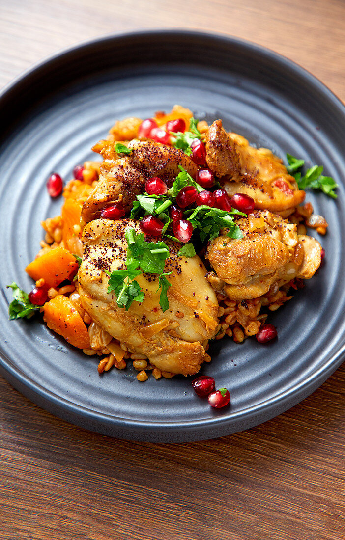 Burghul bl jaj - Syrian chicken with pomegranate, buckwheat and tahini