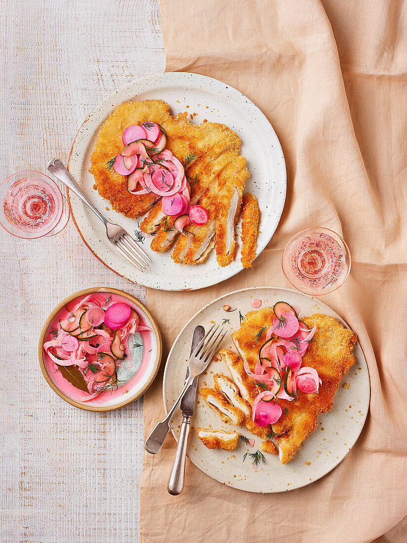 Chicken schnitzel with pickled radishes