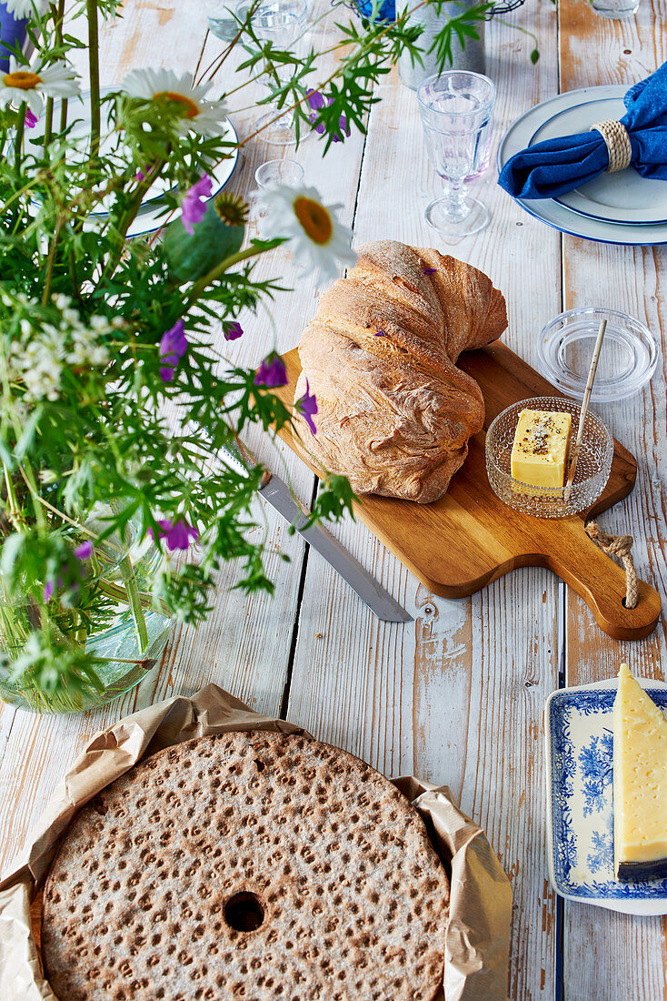 Bread and cheese on table