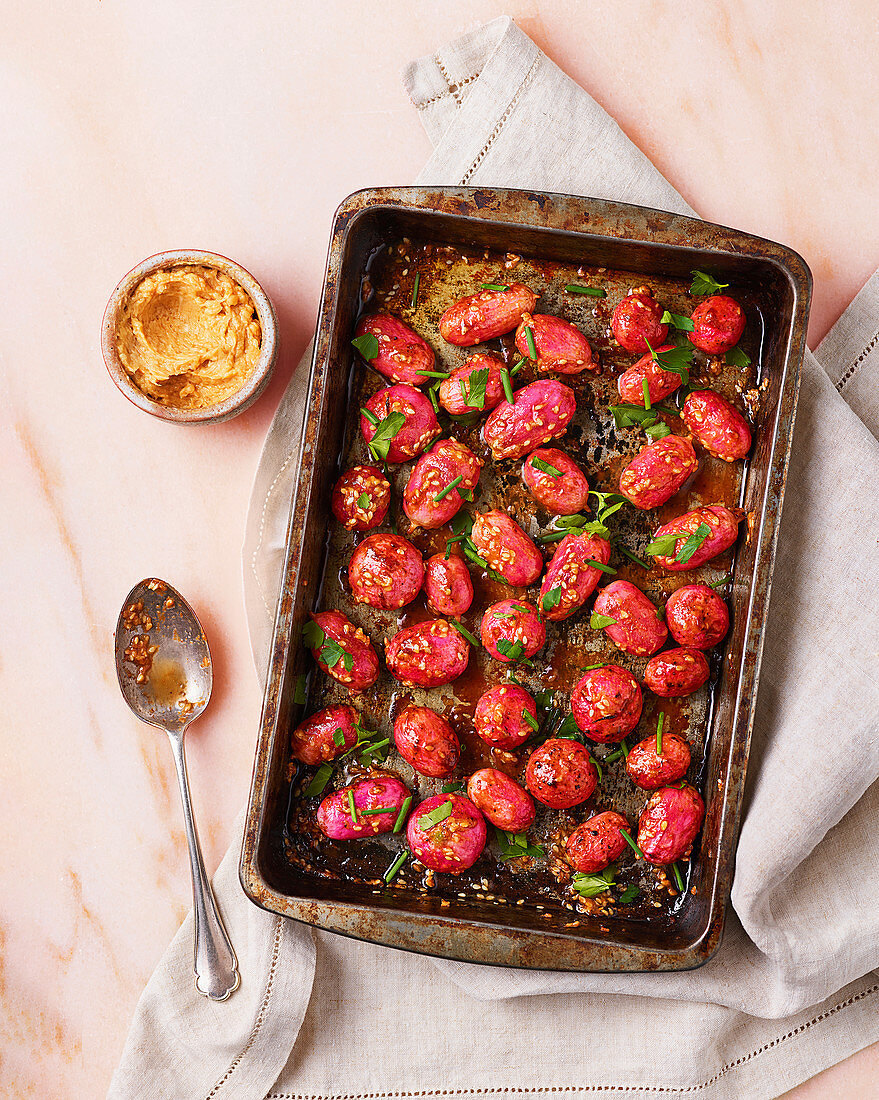 Miso buttered roast radishes