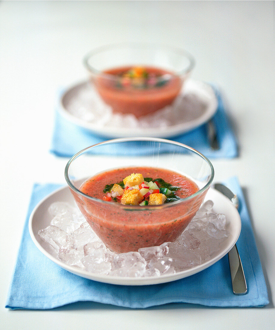 Gazpacho soup with croutons on ice