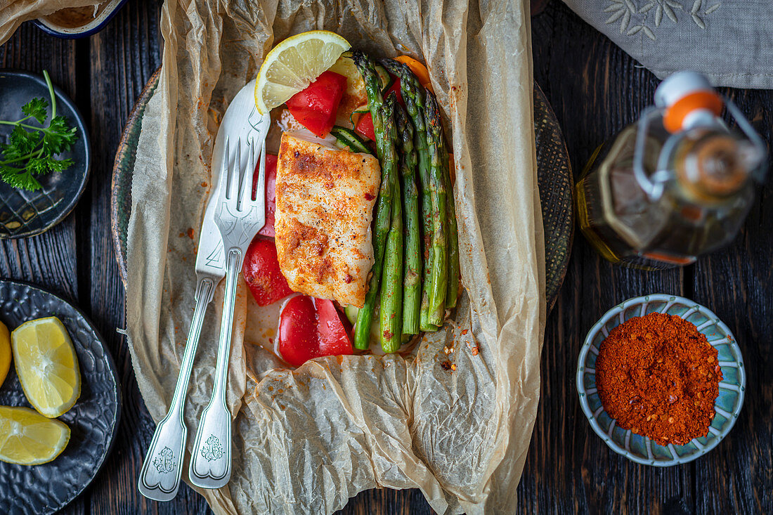 Cod and veggies baked in parchment