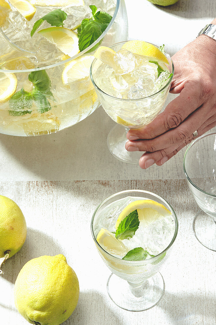 Sektbowle mit Gin, Zitronen und Eiswürfeln