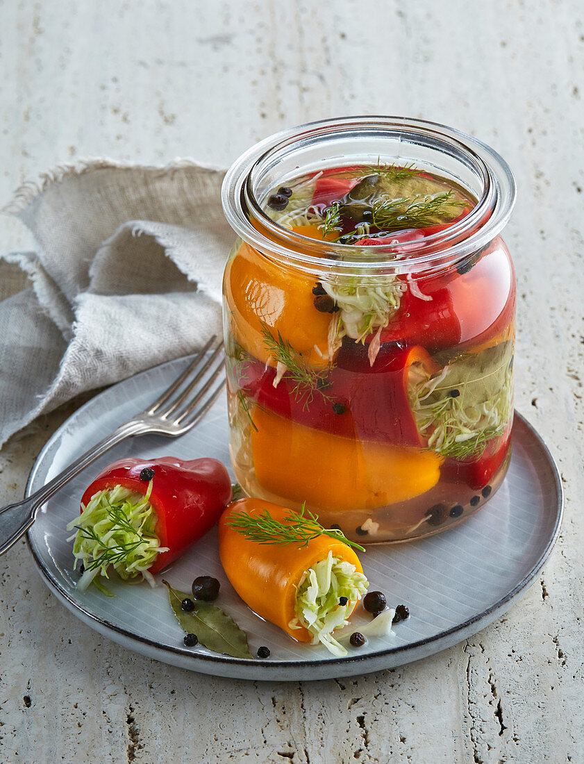Pickled sweet peppers stuffed with cabbage