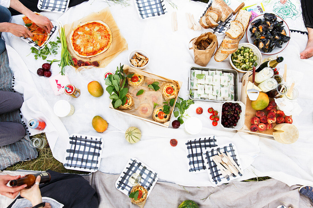 Essen und Trinken auf einer Picknickdecke (Aufsicht)