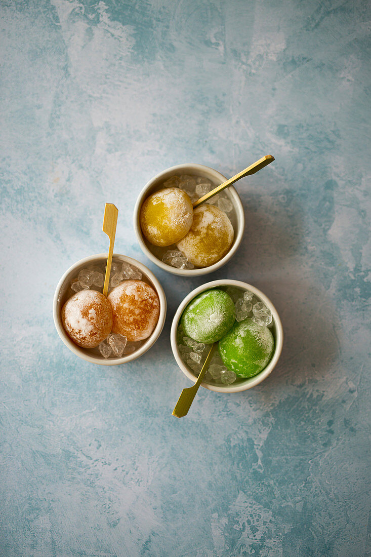 Three types of mochi ice cream made from vanilla ice cream and sticky batter (Japan)