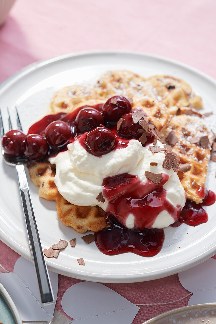 Stracciatella cherry waffles