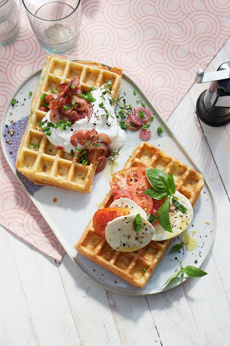 Two savoury waffle variations