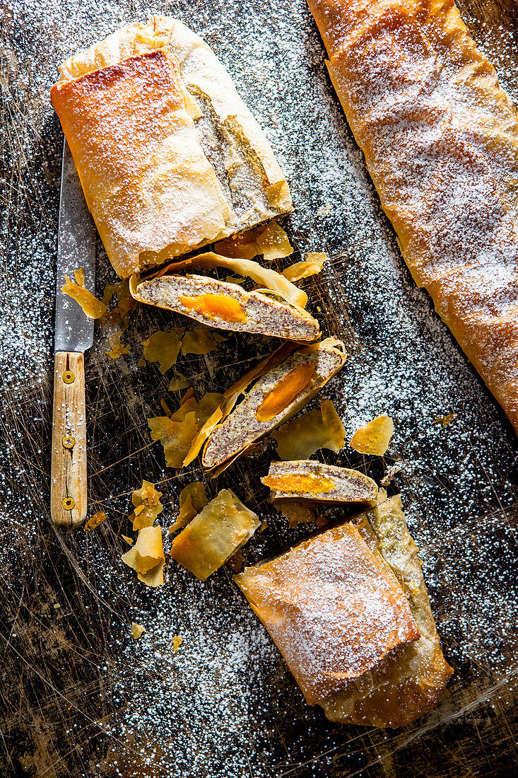 Poppy seed, apricot and curd cheese strudel