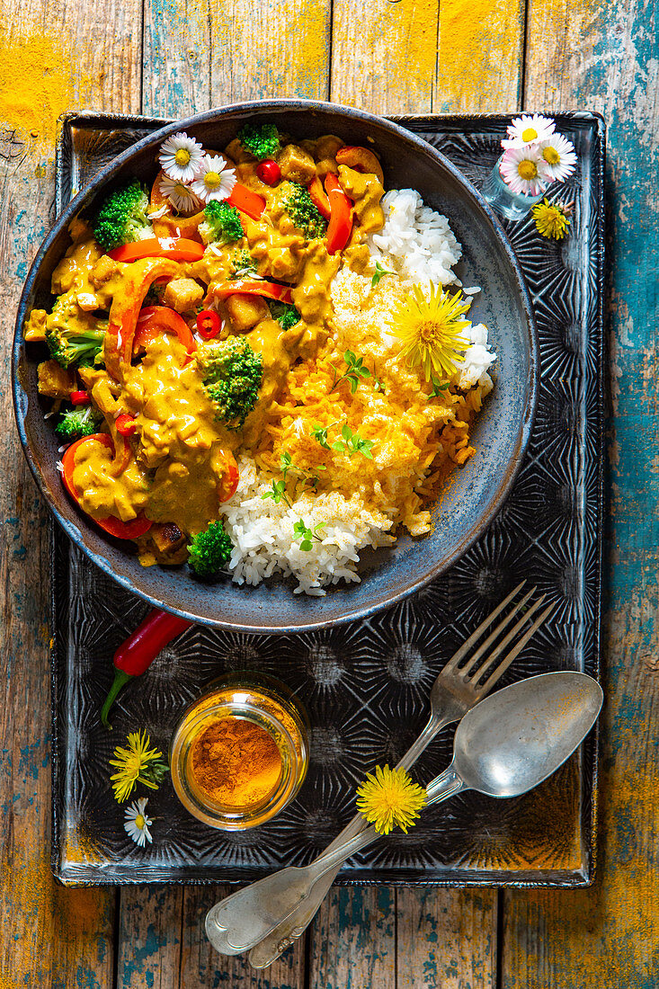 Indian vegetable curry with tofu and rice