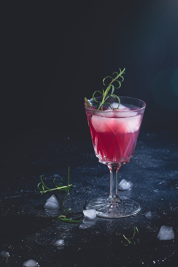 Pink cocktail with rosemary and ice