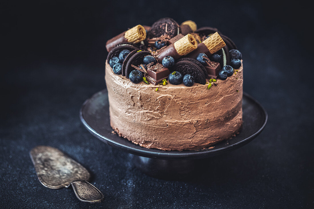 Chocolate cake decorated with blueberries, chocolate and cookies