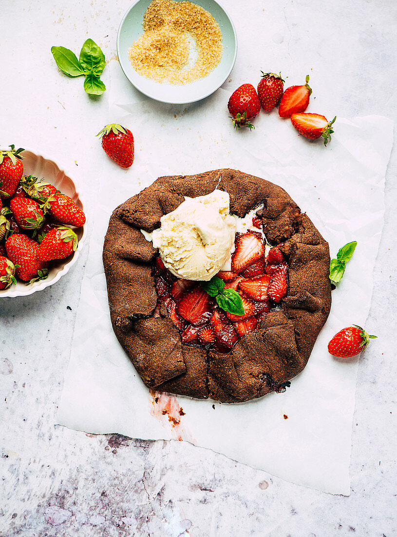 Strawberry and chocolate galette with vanilla ice cream