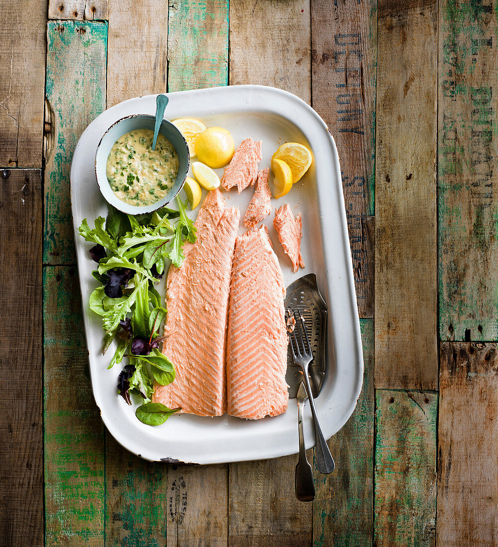 Confit salmon with lemon and parsley salsa