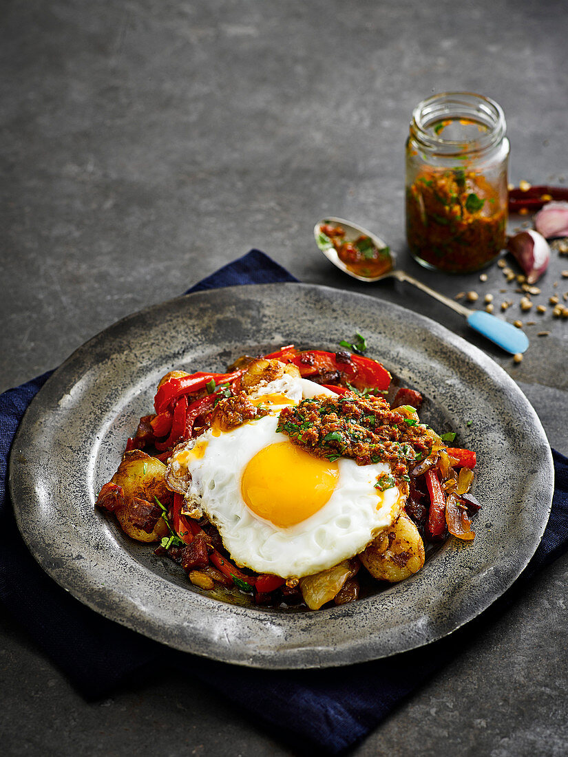 Roast potatoes with fried egg and harissa
