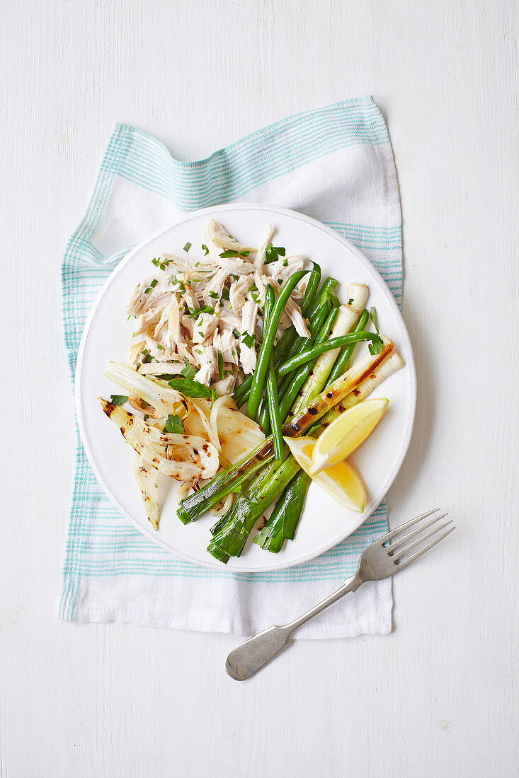 Lemon chicken with charred leeks and fennel