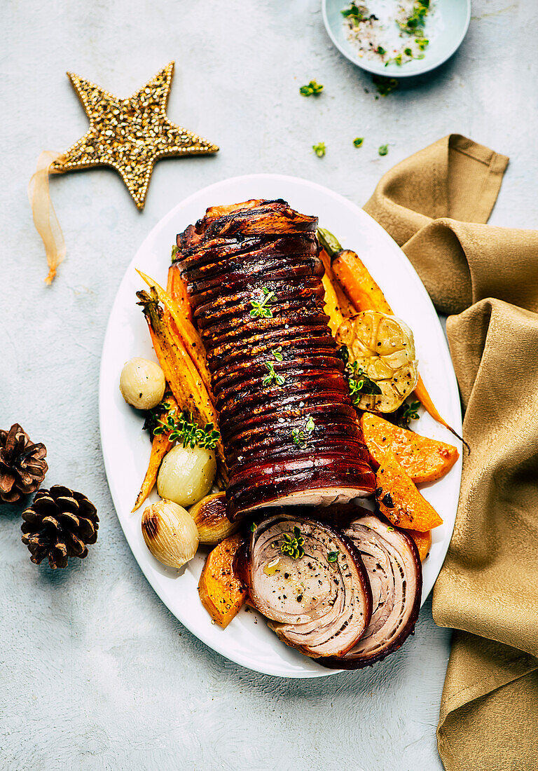 Pork roll roast with vegetables