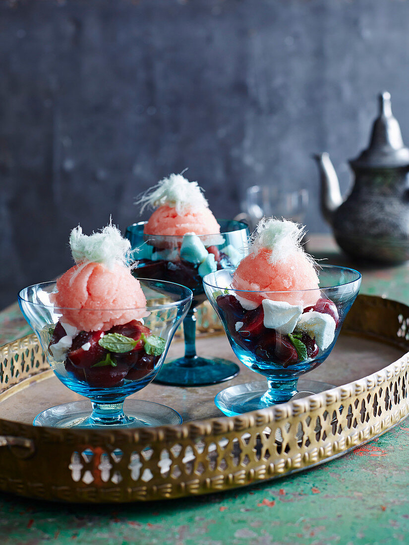 Moroccan Watermelon Sorbet with Cherry Mint Salsa