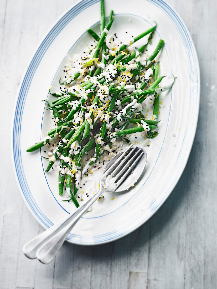 Green beans with tahini dressing and nigella seeds