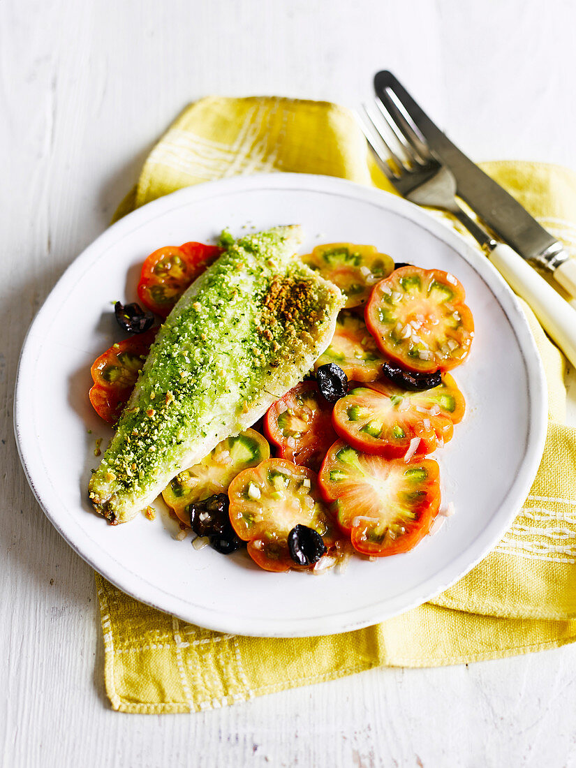 Basil panko-crusted sea bass with tomato salad