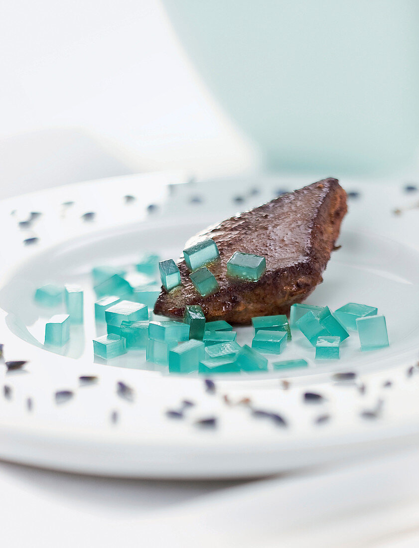 Blue Curacao gel cubes - with roasted pink liver (molecular cuisine)