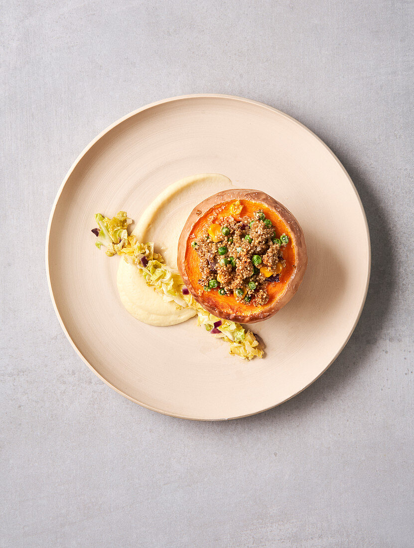 Stuffed butternut squash with parsley root puree (vegan)