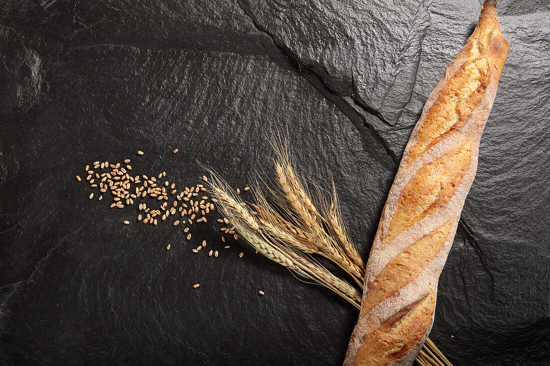 Baguette next to wheat ears and grains