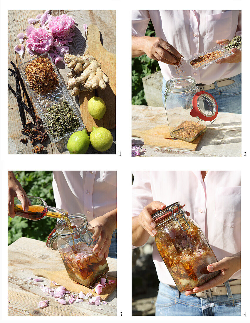 A love potion being made from spices, blossoms, honey and rum