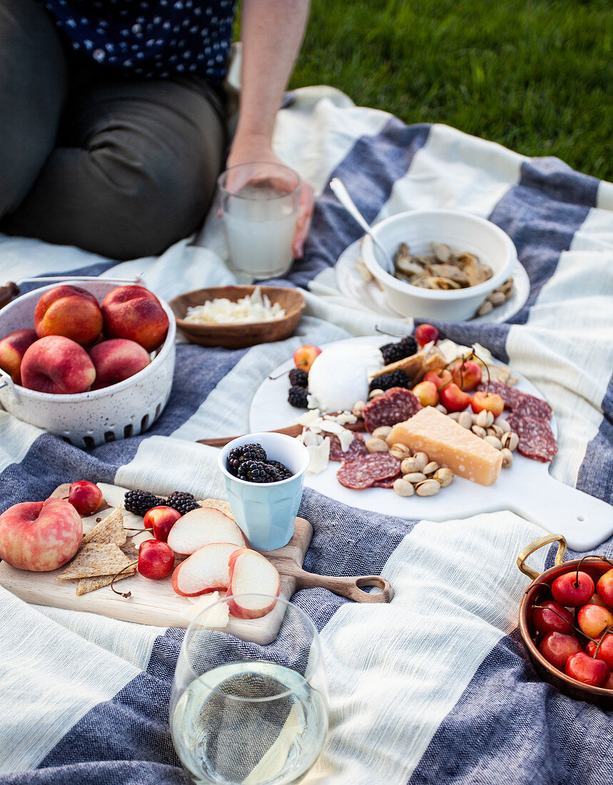 Picknick mit Pfirsichen, Nektarinen, Chorizo, Käse, Pistazien, Artischocken, Brombeeren und Kirschen
