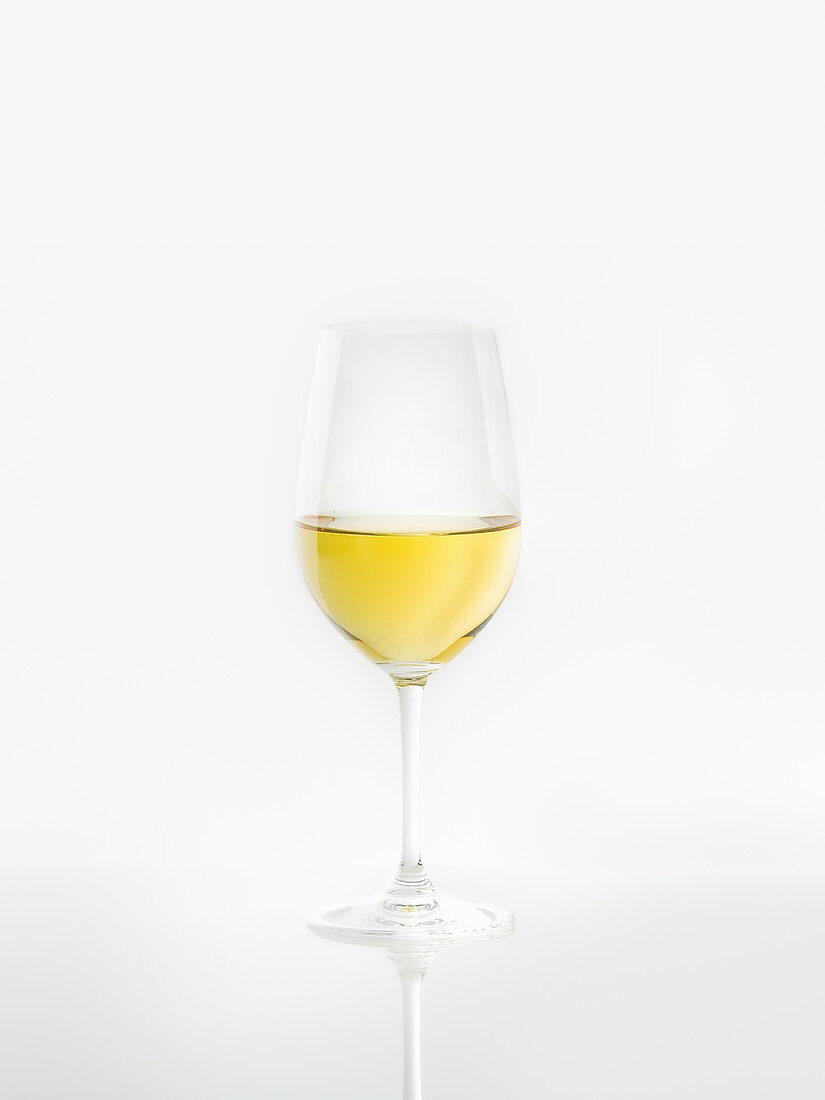 Ein Glas Weißwein vor weißem Hintergrund