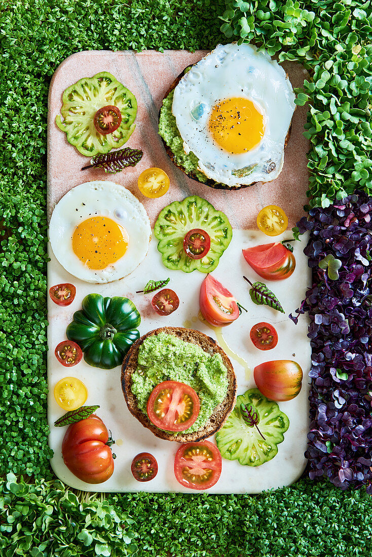 Brote belegt mit Guacamole, Spiegelei und Tomaten auf Kresse-Rasen