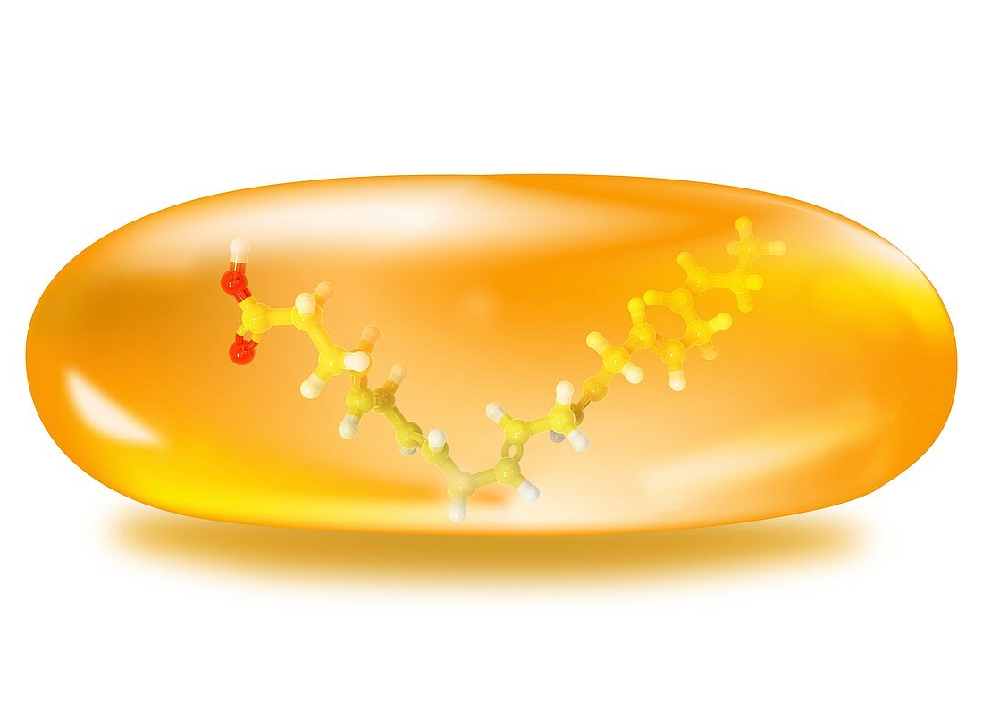 DHA omega-3 fatty acid model in an oil pill, illustration
