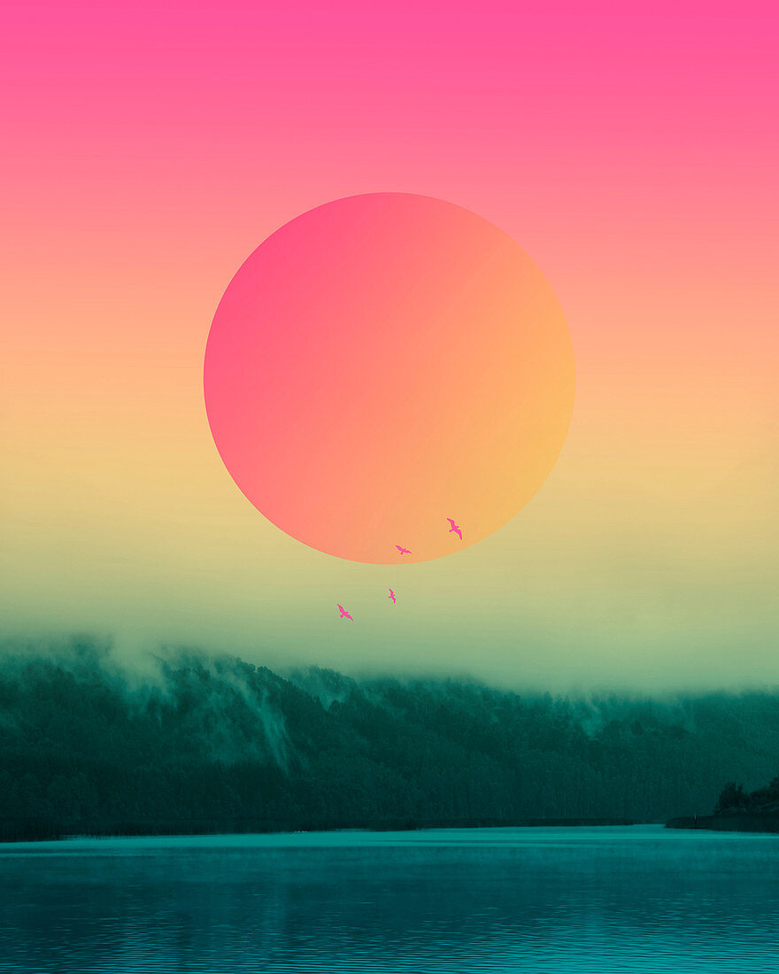 Sun over a lake, illustration