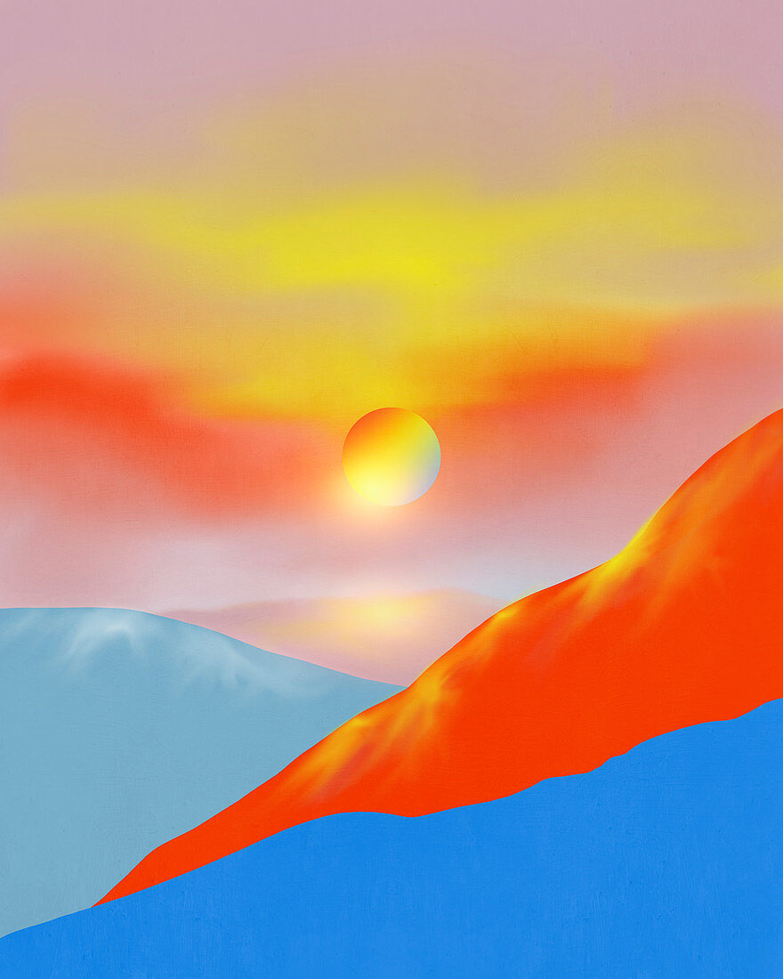 Sun above scenic landscape, illustration