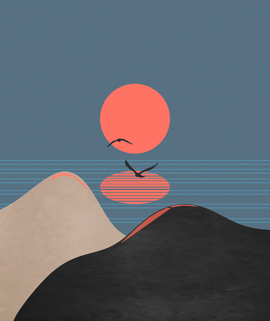 Sun above abstract landscape, illustration
