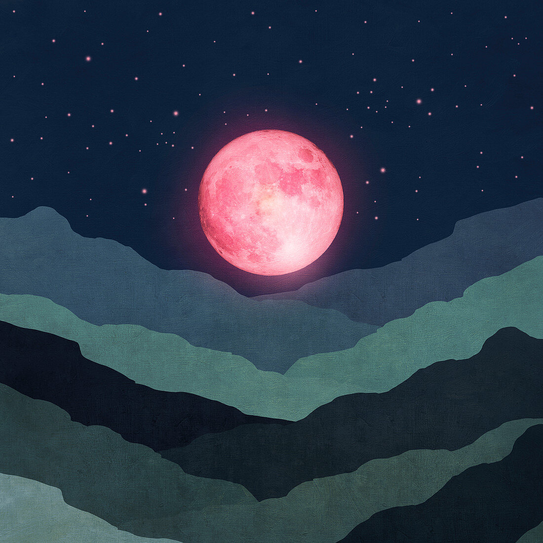 Pink moon above landscape, illustration