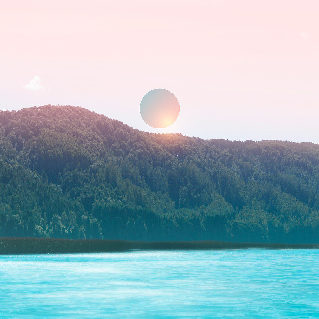 Pink sun above turquoise lake, illustration