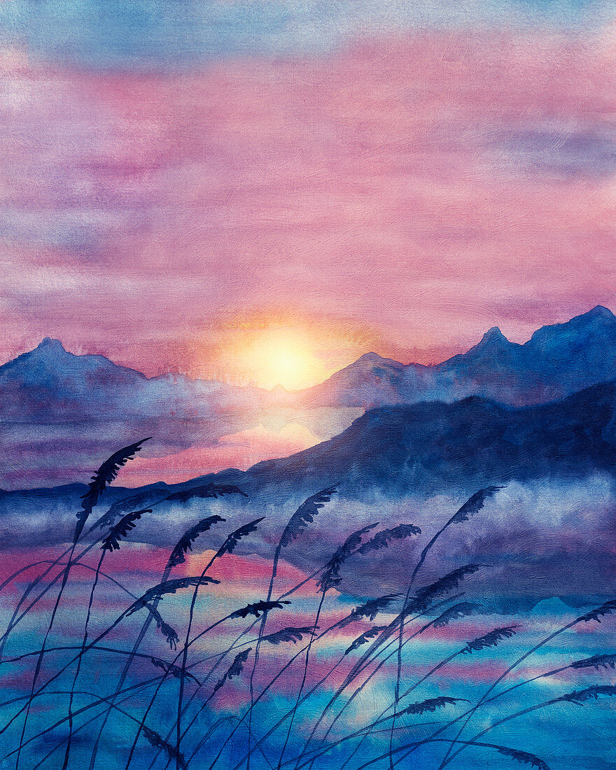 Sun setting over a mountain lake, illustration