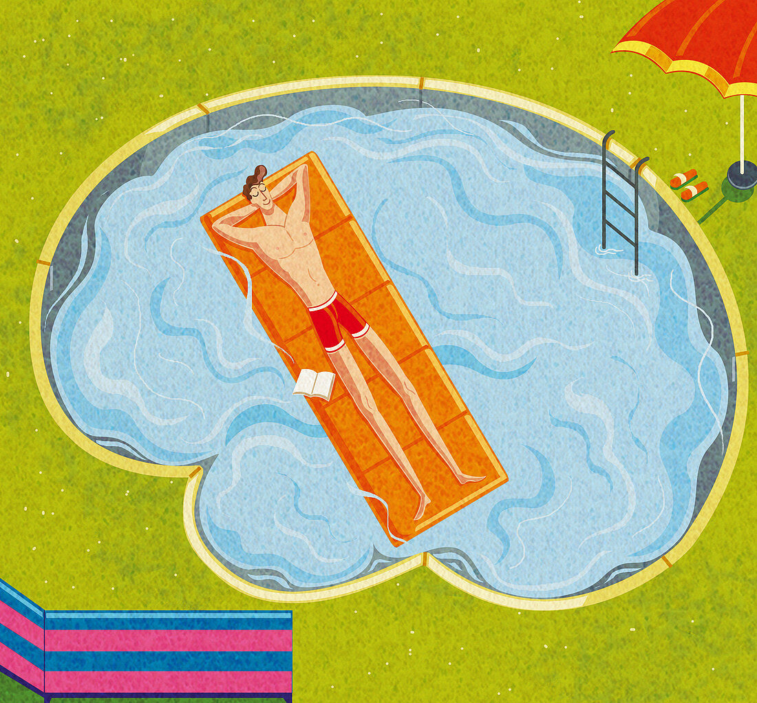 Man relaxing in brain shaped swimming pool, illustration
