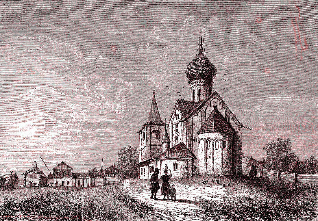 Russian village church, 19th century illustration