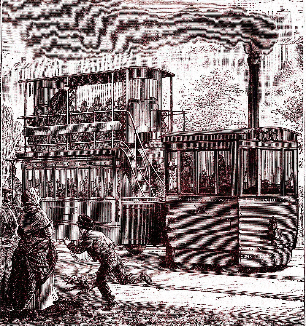 Steam-powered tram, 19th century illustration