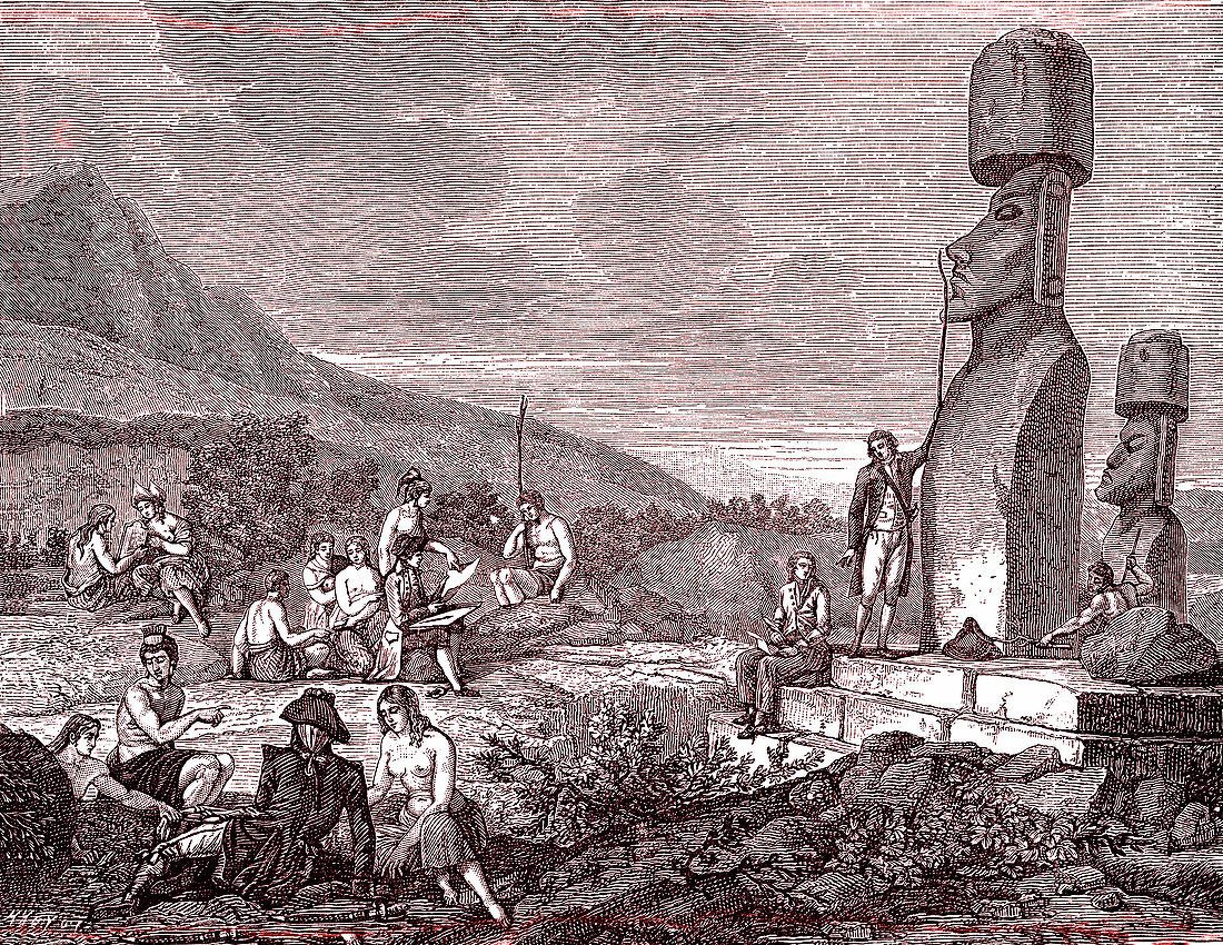 La Perouse on Easter Island, 19th century illustration