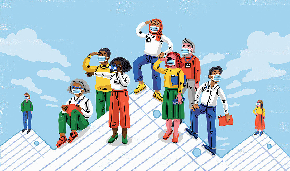 Workers on top of paper mountains, illustration